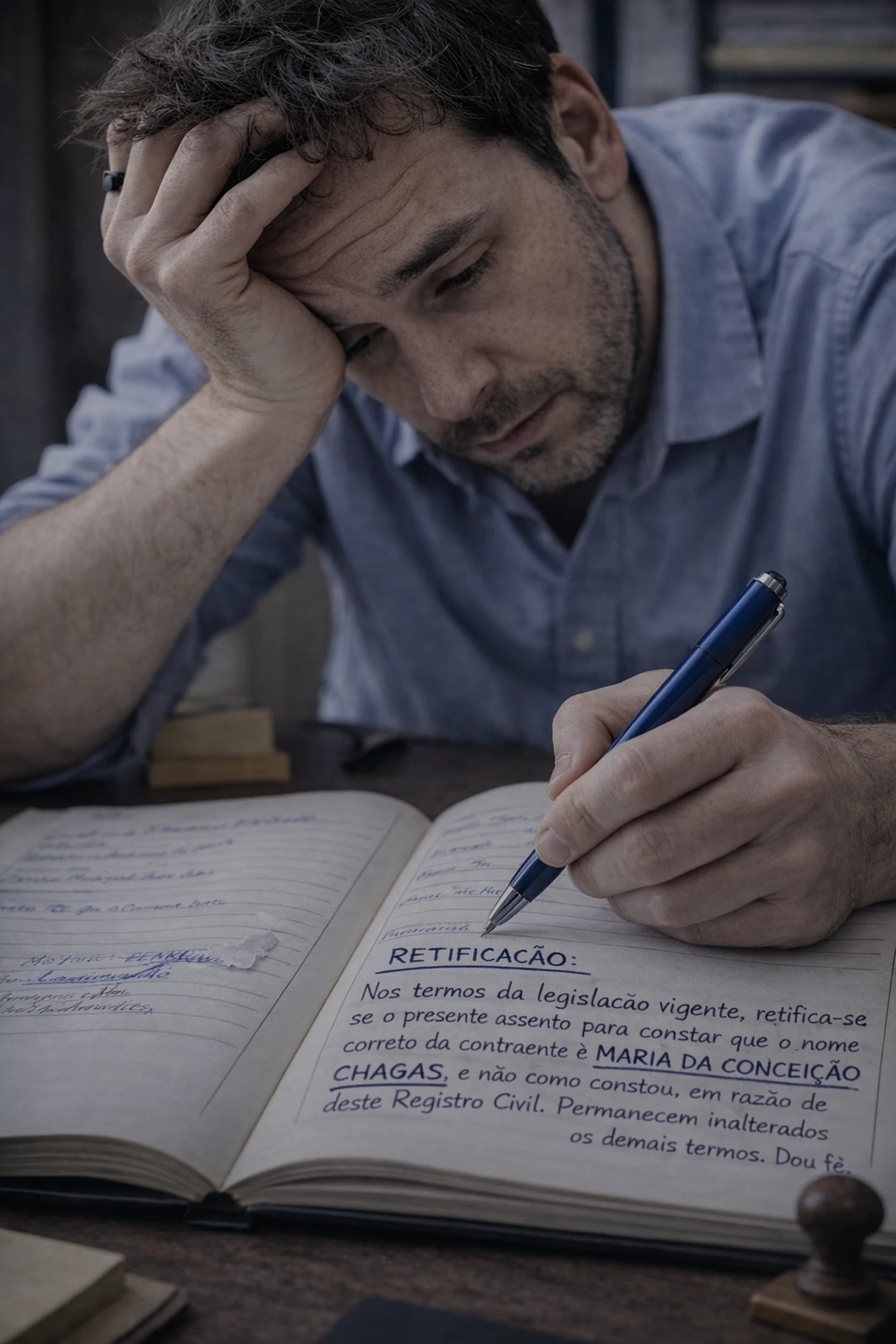 Escrevente fazendo retificação após erro em anotação manual