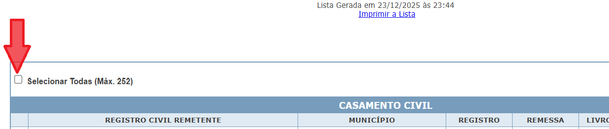 Tela do sistema para selecionar as anotações
